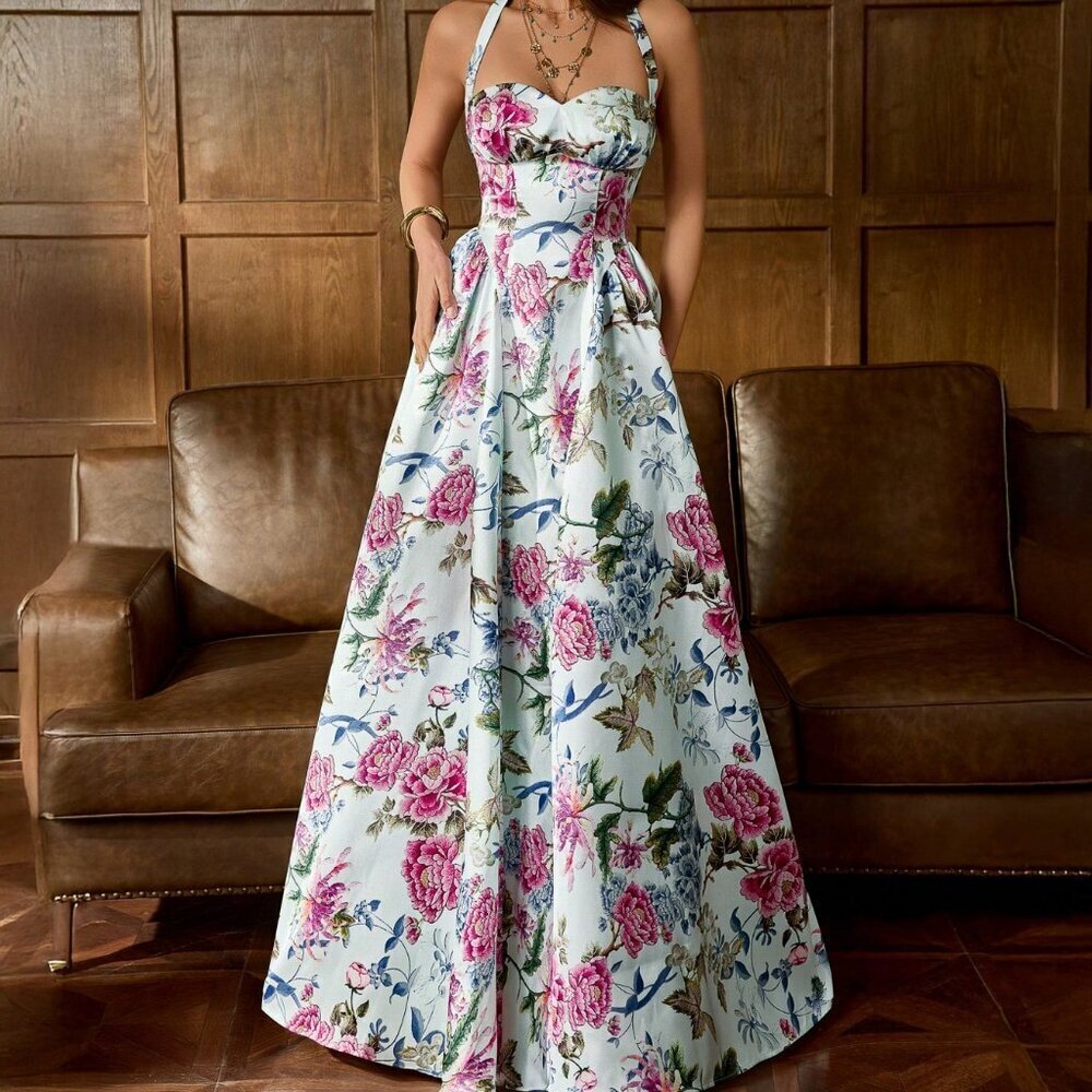 Baby Blue Elegant Women's Floral Satin Gown - Picture 4 of 9